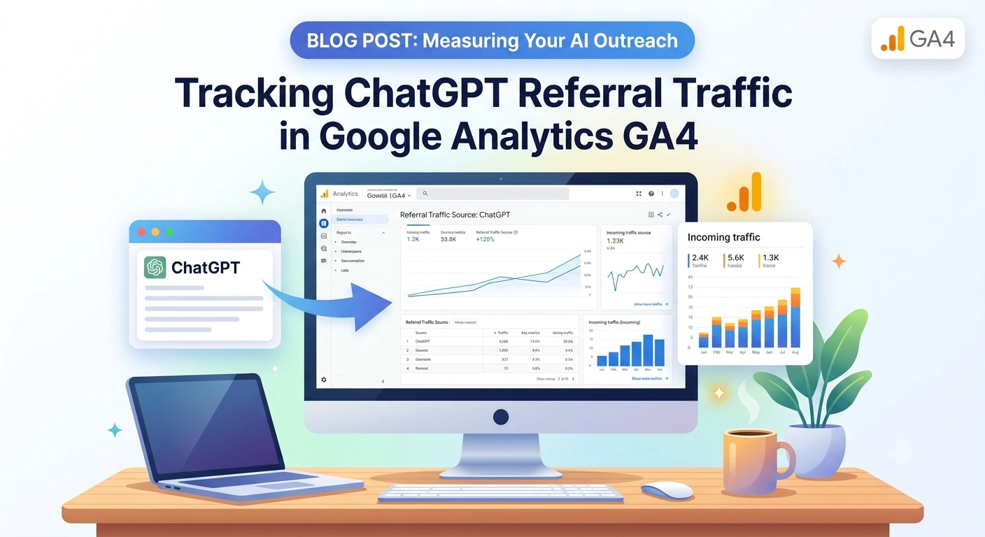Illustration showing ChatGPT referral traffic being tracked in GA4