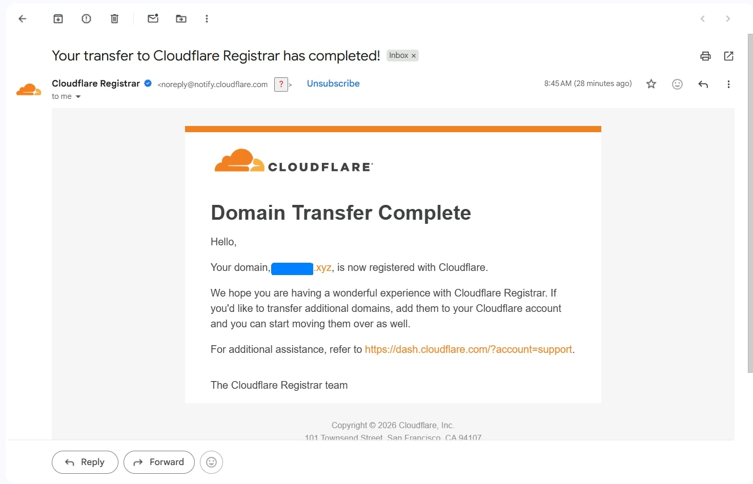 Diagram showing domain transfer steps from Namecheap to Cloudflare