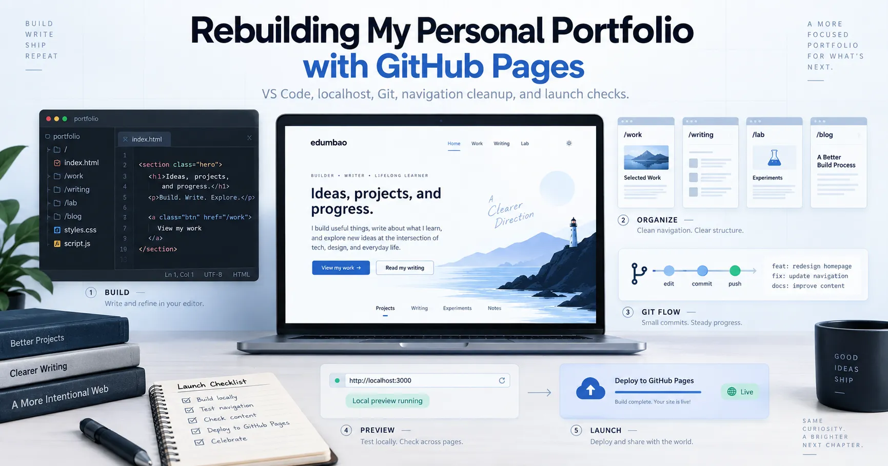 Illustration of rebuilding edumbao.com with VS Code, Git workflow, localhost testing, site navigation, and GitHub Pages deployment